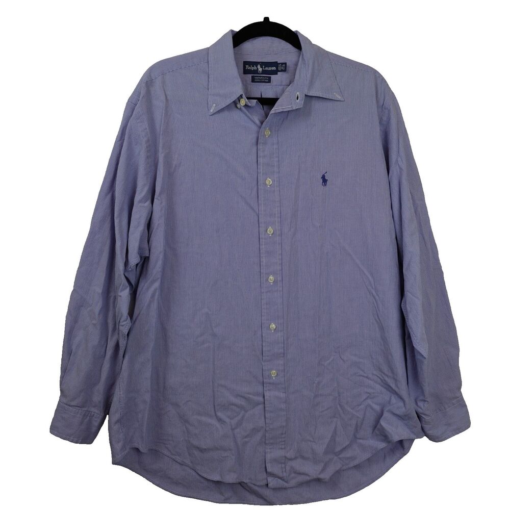 VTG Ralph Lauren Button Down Shirt Mens Size 16.5 34/35 Blue Striped Logo Cotton